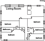A floor plan of a living room with furniture and appliances.